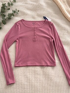 GAP Dusty Rose Ribbed Henley Long-Sleeve Top